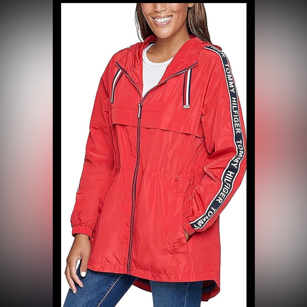 Tommy Hilfiger Red Windbreaker Hooded Jacket Women’s 2xl Spell Out Full Zip